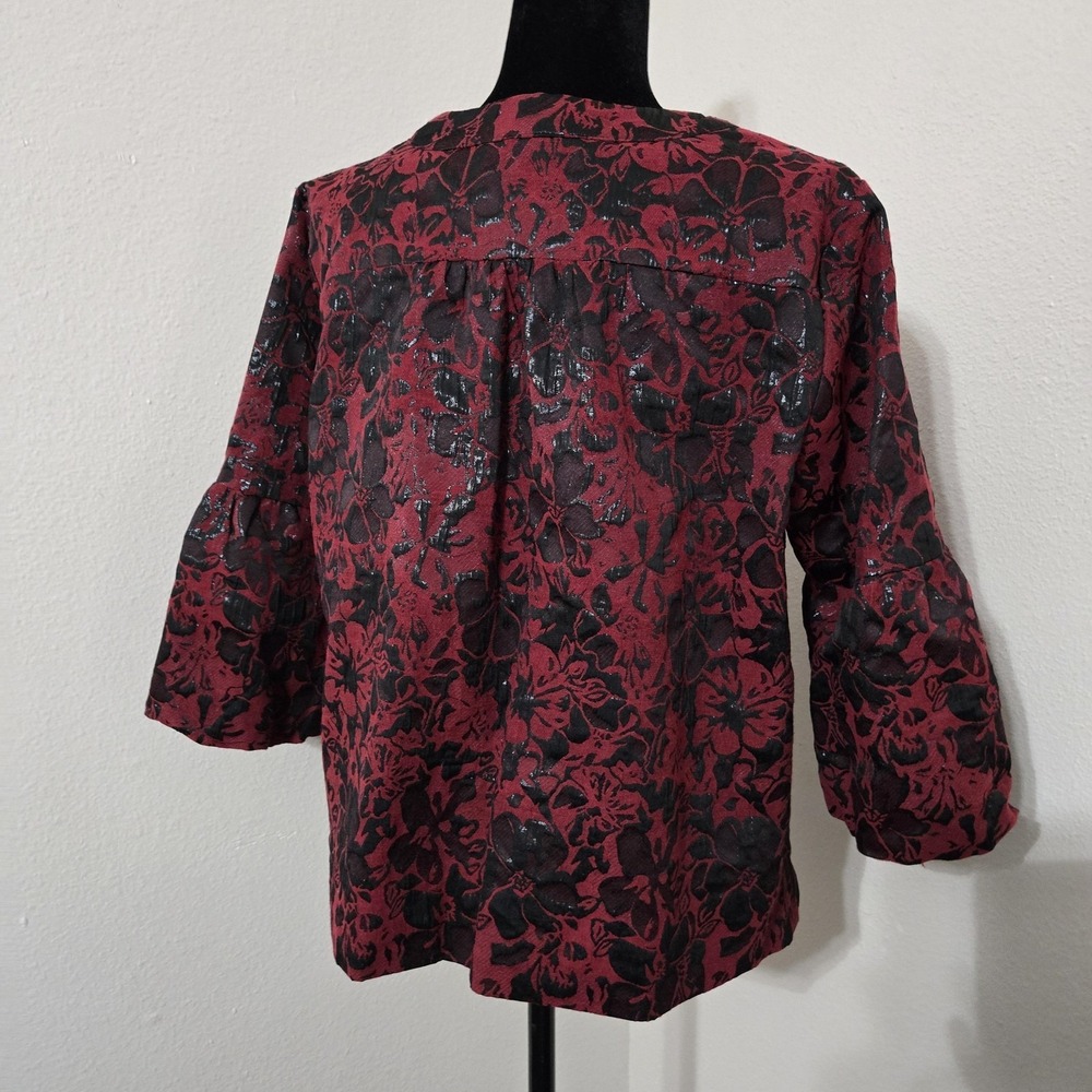 Studio 1940 Jacket Womens 16W Red Floral Jacquard Lined 3/4 Sleeve Collarless - Picture 2 of 8